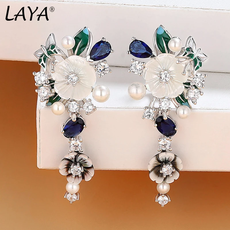 Laya 925 Sterling Silver Fashion Natural Shell Flower Green Leaf Enamel High Quality Zircon Earrings For Women Wedding Jewelry