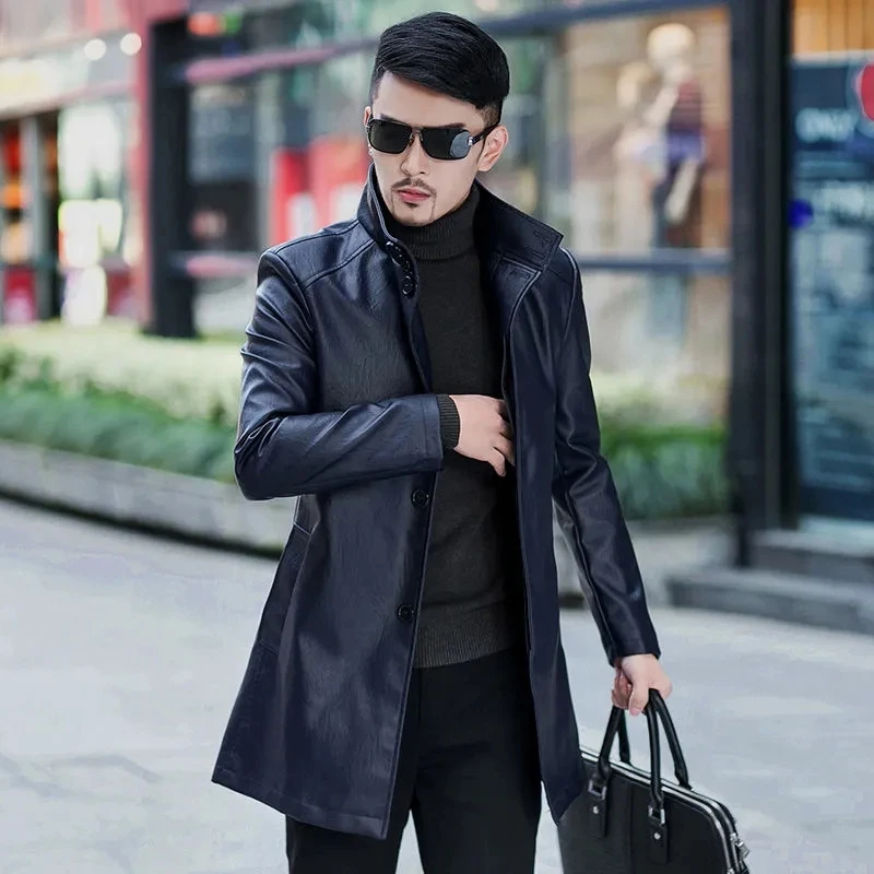 

Trench Coats Men Leather Jackets Business Chaquetas Hombre Long Fashion Casual Mid-Length Motorcycle Outwear Jaqueta Masculina