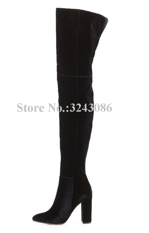 Women Black Velvet Long Boots Fashion Chunky Heel Suede Thigh High Boots Lady Sexy Over the Knee Winter Boots Party Shoes