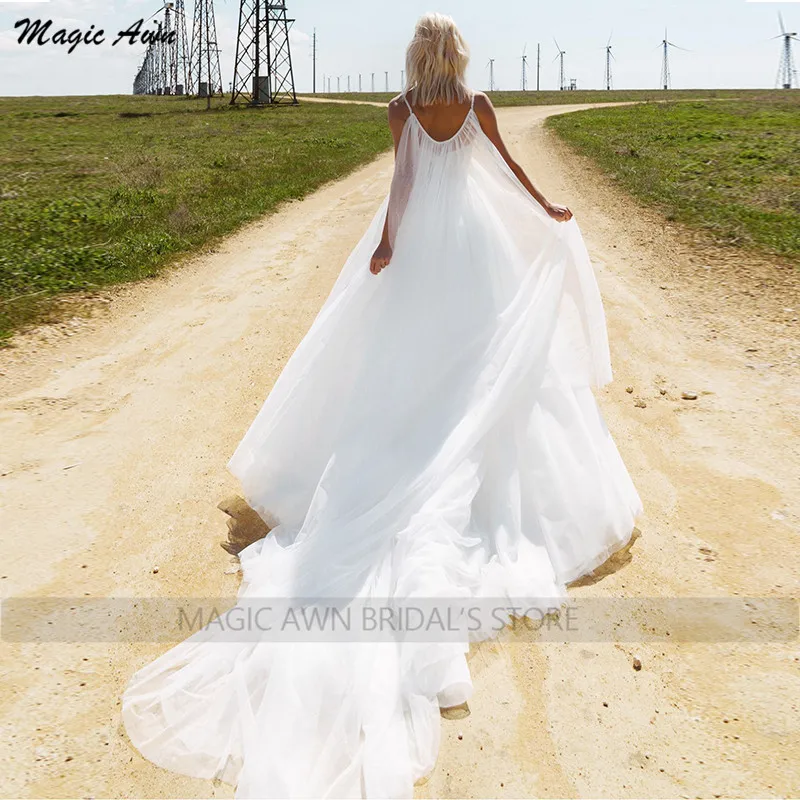 Magic Awn 2022 Boho Wedding Dresses Spaghetti Straps Beaded Shiny White Tulle Illusion Boho Mariage Gowns With Wrap Vestidos