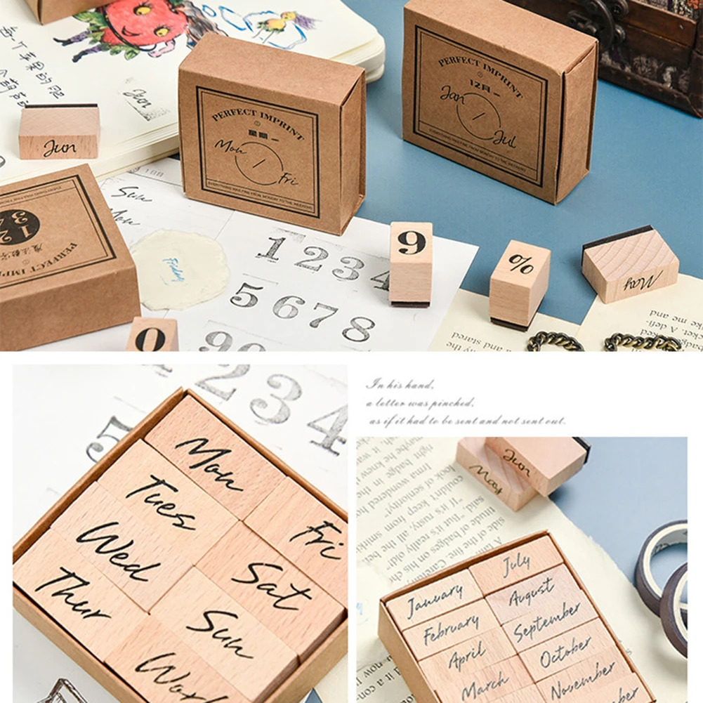 1 Set Vintage Cursive Wooden Rubber Numbers English Months Weeks Seal Stamps Decor Деревянный штамп