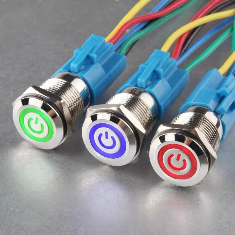 16mm metal push button switch power button Waterproof Flat circular button LED light self-lock self-reset button 1NO1NC 6V 12V