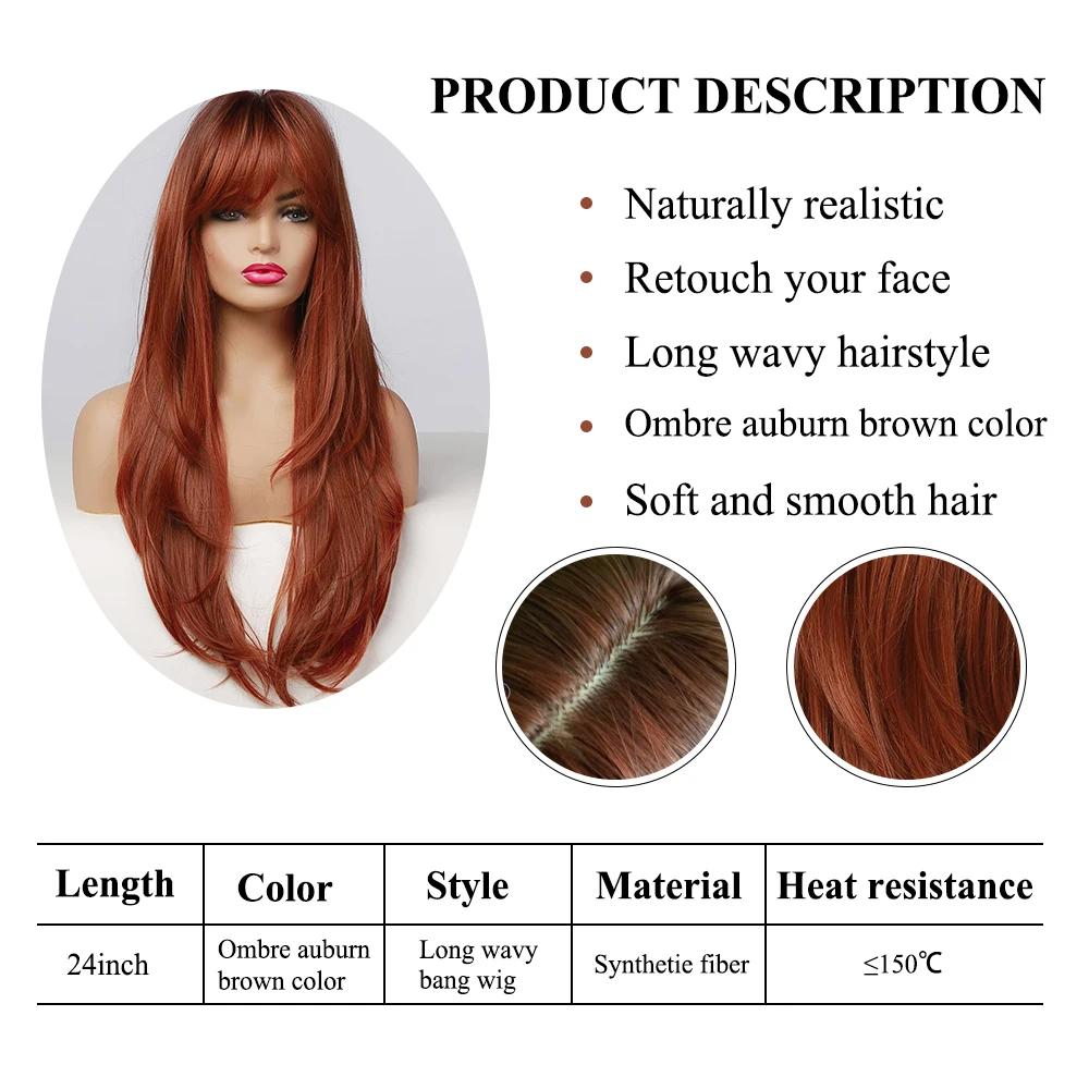 EASIHAIR Red Brown Dark Root Synthetic Long Wavy Wigs with Bangs Colored Fiber Hair Cosplay Wigs for Black Women Heat Resistant