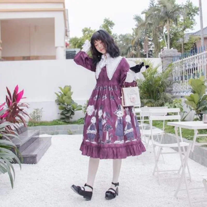 Loli cos vestido gótico lolita op lolita fofo impressão babados cintura alta laço vestido vitoriano simples vestido de menina gótico kawaii