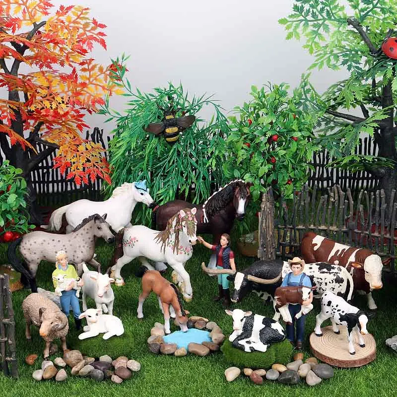 Oenux Lovely Farm Family Model Action Figures Farmer Cow Hen Horse Pig Poultry Animals Figurine Miniature Educational Kids Toy