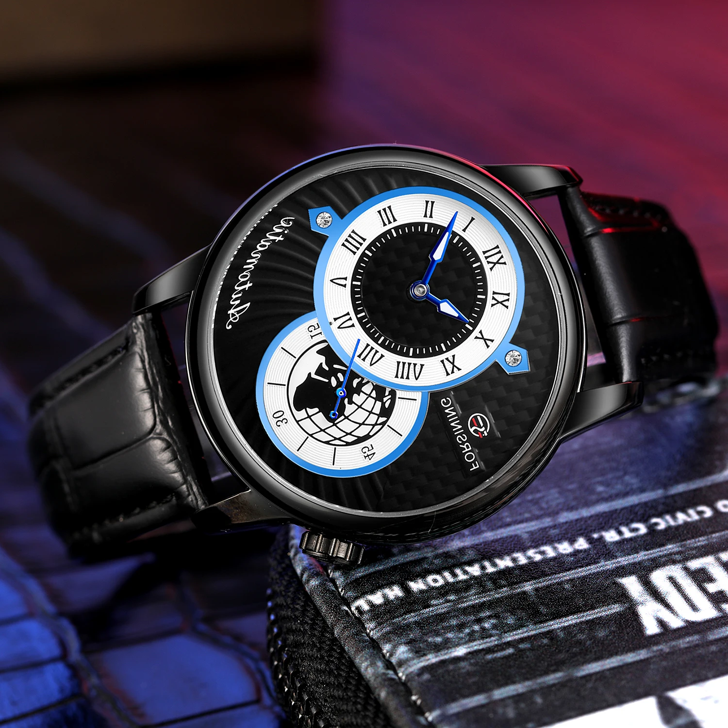 FORSINING men's and women's watches simple fashion style double ring mechanical skin strap wrist watch mechanical watch