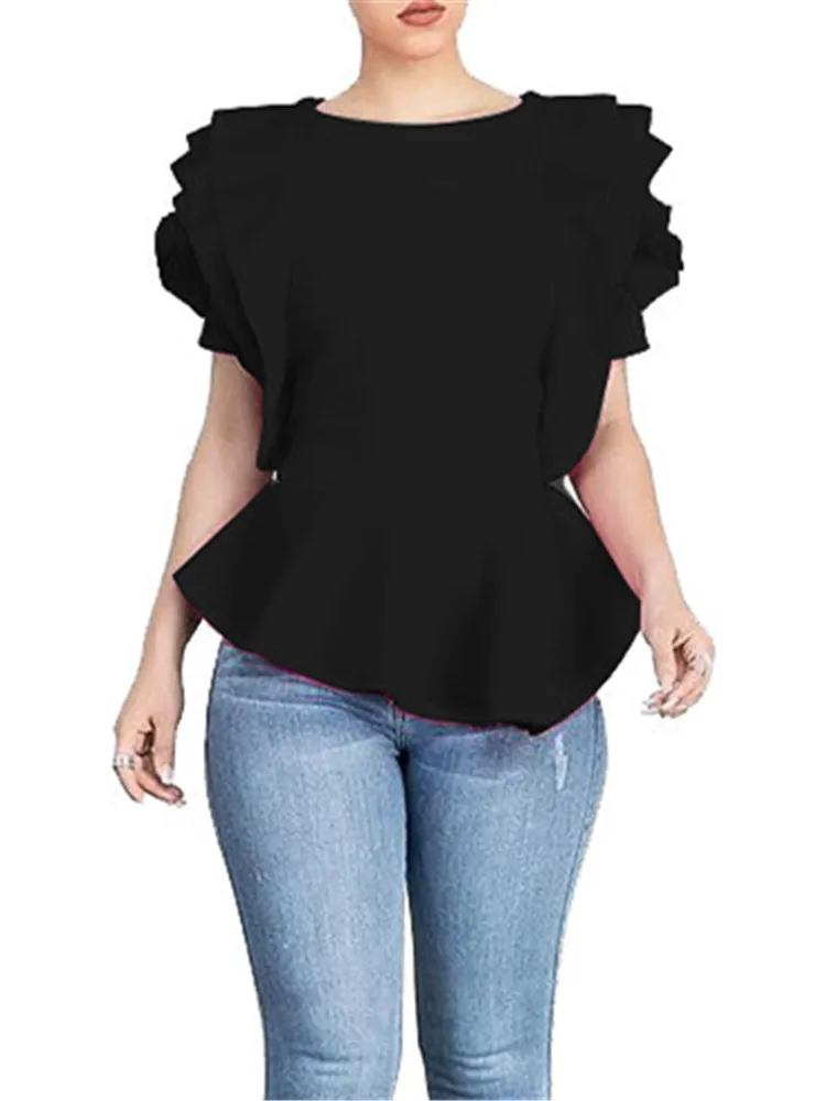 Elegant Lotus Hem Shirt for Women, Petal Sleeve, Real Blusa Tops, Korean Blouse, Plus Size,  Summer,