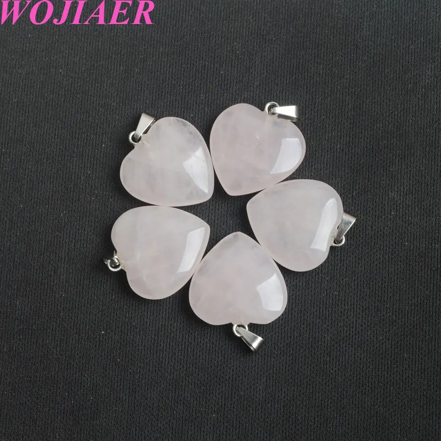 WOJIAER Couple Pendant & Necklace Jewelry Natural Rose Quartz GemStone Bead Heart Reiki Woman Suspension Chain 18\