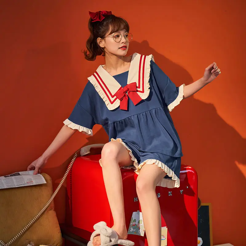 Women Pajama Sets Cartoon Bow Print Kawaii Patchwork-ruffles Short Sleeve Summer Shorts Sleepwear Sailor Collar Students Ulzzang