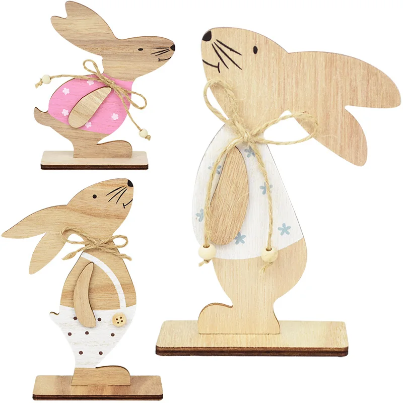 Easter Rabbite Wooden Ornaments Cartoon Bunny Home Desktop Decor Wood Crafts For DIY Happy Easter Party Supplies Kids Favor Gift