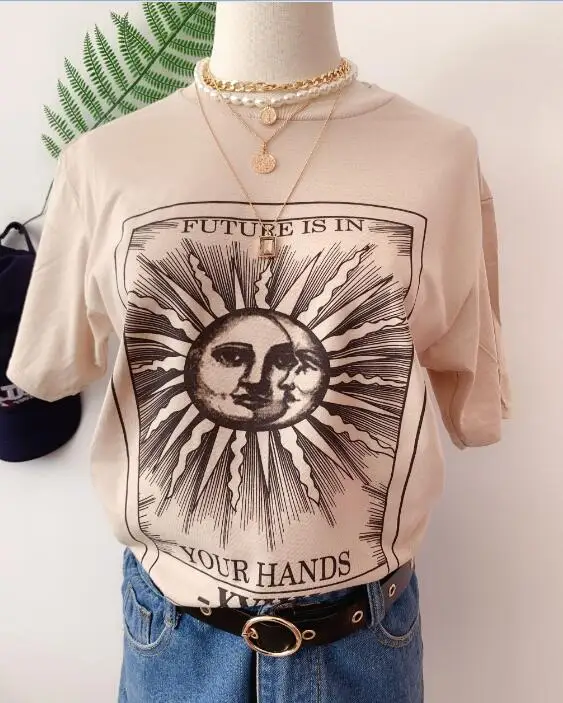 kuakuayu HJN The Future Is In Your Hands Sun And Moon Print Beige T-Shirt Vintage Fashion Grunge Style Tee Aesthetic Shirt