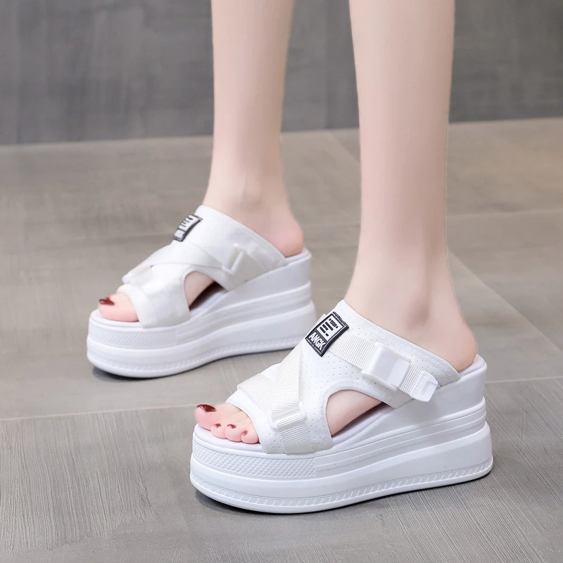 New Summer Buckle Slippers Women's Sandals 2023 Fashion Women 9CM Wedges Platform Shoes Open Toe Woman Flats Beach Flip Flops