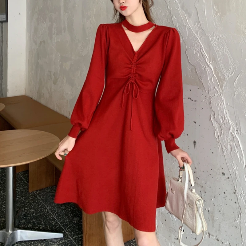 

Vintage Red Mini Dress Women Sexy V-neck Evening Party Dress Korean One Piece Elegant Shirring Design Long Sleeve Y2K Dress 2021