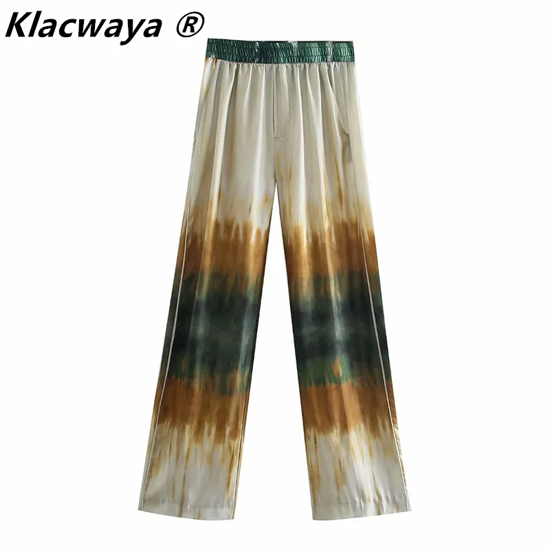 Klacwaya Za Women 2021 Summer Tie Dye Pants Female High Waist Wide Leg Clothing Straight Pants Chic Woman Trouser Pantalones