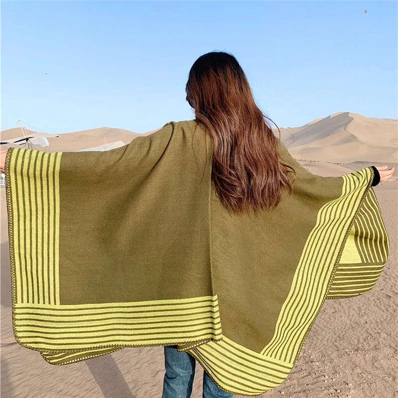 2021 Blanket Coat Imitation Cashmere Multipurpose Splicing Cape Women's Shawl Show Coat Oversized 130*150cm Poncho Scarf  Wraps