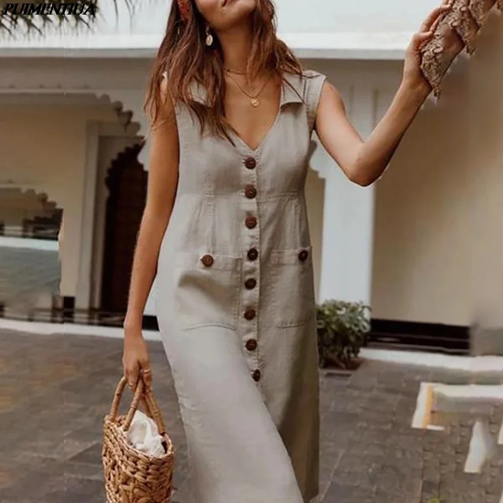 

New Fashion Summer Women's Dress Boho Style V-Neck Waist new Size Casual Solid Color Sleeveless V Neck Pockets Midi Dress