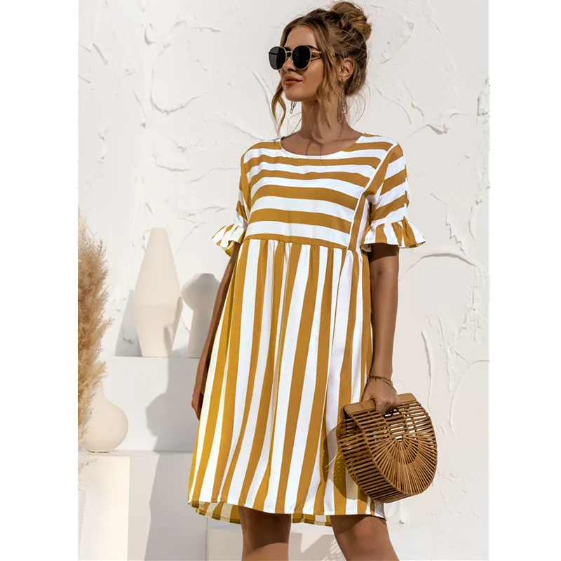 2021 Summer New Fashion O Neck Casual Loose Solid Short Sleeve Ruffle Patchwork Pocket Ladies Stripe Dress