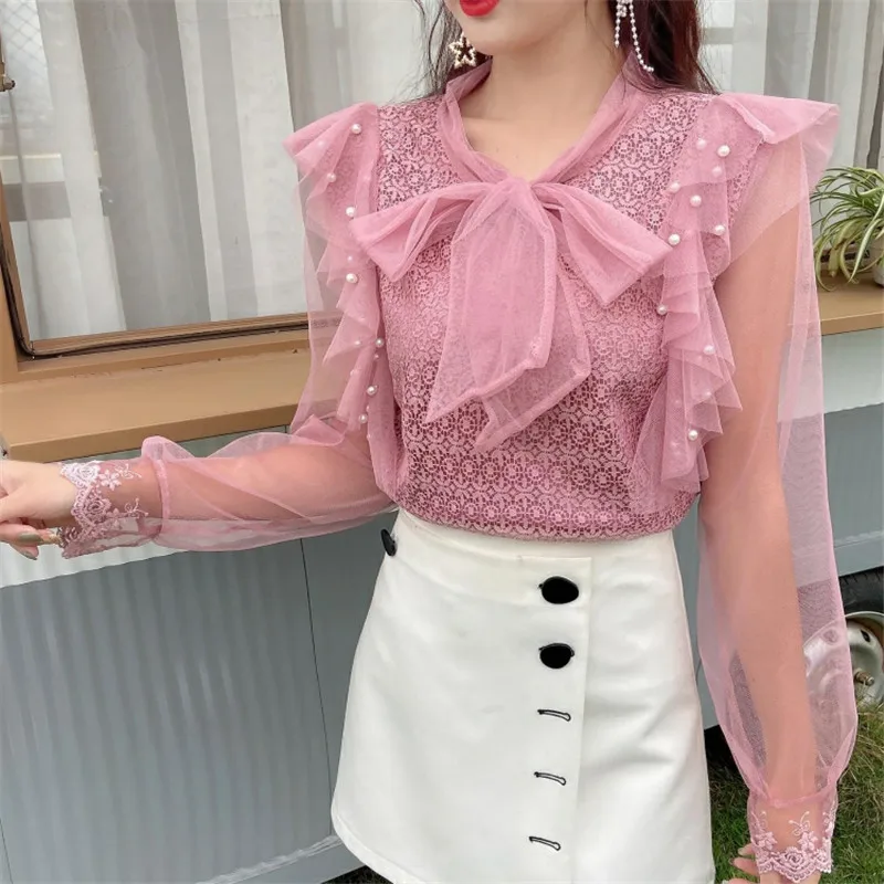 2020 Autumn Women V-Neck Mesh Blouse Sweet Tie Bow Lace Shirt Female Beading Long Sleeve Blouses Ruffles Bottoming Tops AB1848