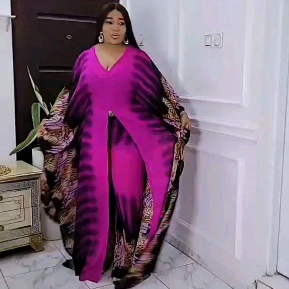 2 피스 바지 세트 맥시 드레스 정장 여성용 아프리카 의류 파티 드레스 2021 여름 쉬폰 프린트 Eid Kaftan Abaya Dubai