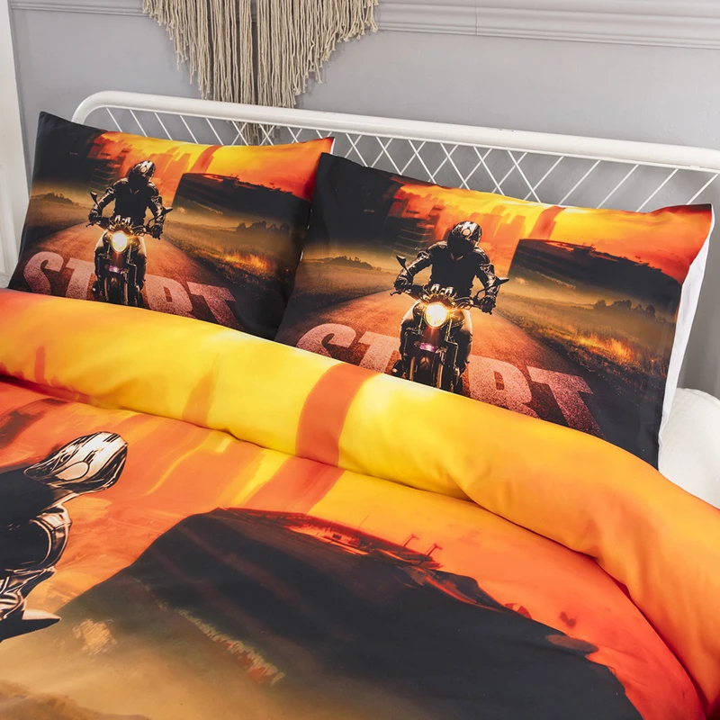 Motorcycle Racing Gold Bedding Set 3D Moto Duvet Cover Set Home Bed Linen with Pillow Sham Twin Full Queen Size Bedclothes