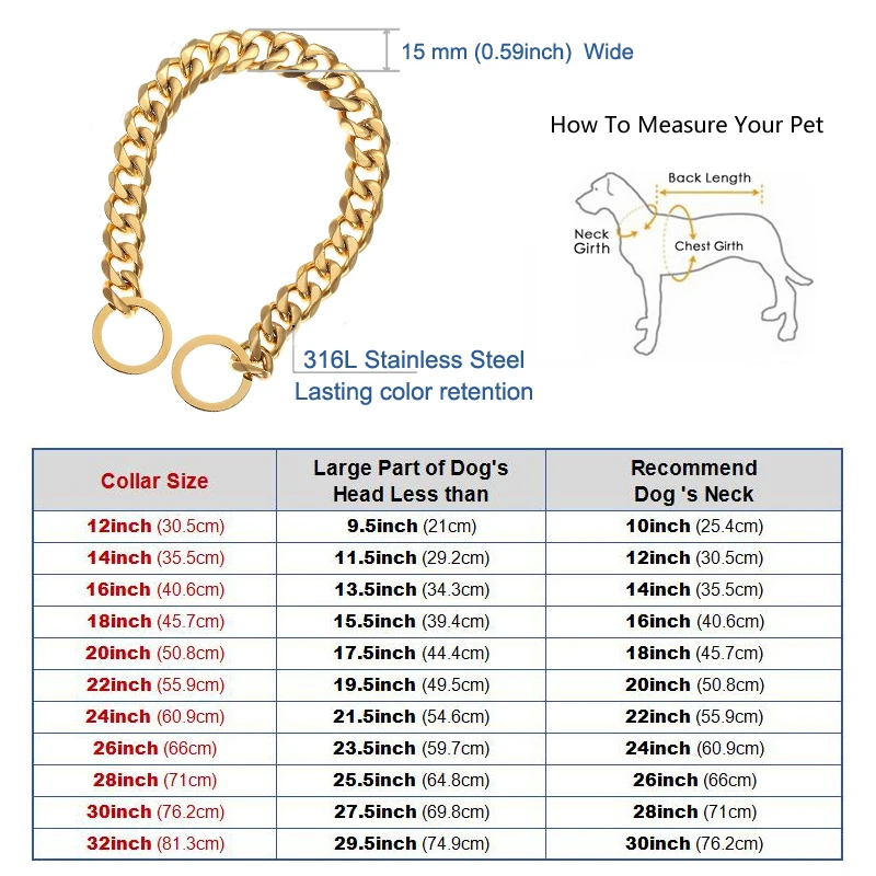 15mm Strong Silver Gold Stainless Steel Slip Dog Collar Metal Dogs Training Choke Chain Collars for Large Dogs Pitbull Bulldog