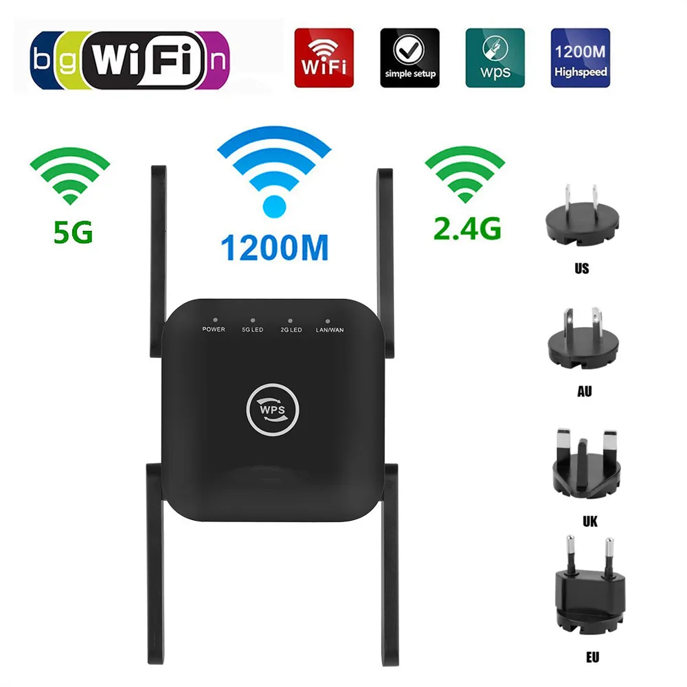 2.4G/5G WiFi Repeater Router Amplifier Long Range Extender 1200M/300Mbps Wireless Booster Home Wi-Fi Signal AP WPS Eesy Setup