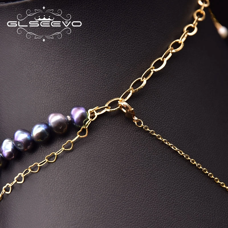 GLSEEVO Pure Natural Freshwater Baroque Pearl Necklace Handmade Black Pearl Female Necklace Wedding Party Jewelry Gift GN0292A