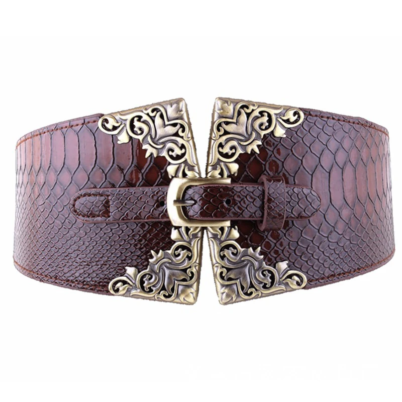 Women Elastic Buckle Wide Belt Vintage Totem Print Stretch Leather Waist Belt For Dress Corset Cinch Waistband