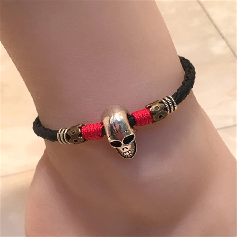 Vintage Leather Skull Anklet Women's Men's Alloy Pendant Hand Made Red Black Bracelet Couple Gifts Dual-use Beach Anklet Jewelry