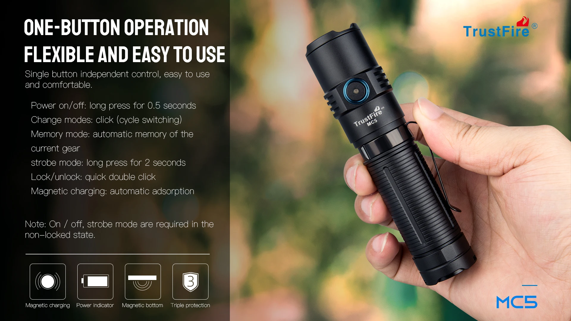 Trustfire MC5 LED Flashlight 3300Lumen Rechargeable Lamp EDC 21700 Battery Torchs with Magnetic USB Charging and Power Indicator