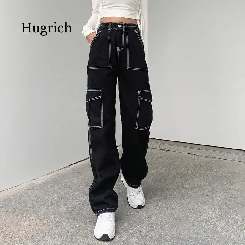 Retro Bright Line Big Pocket Black Jeans Women's Winter Commuter Loose Straight High Waist Pants