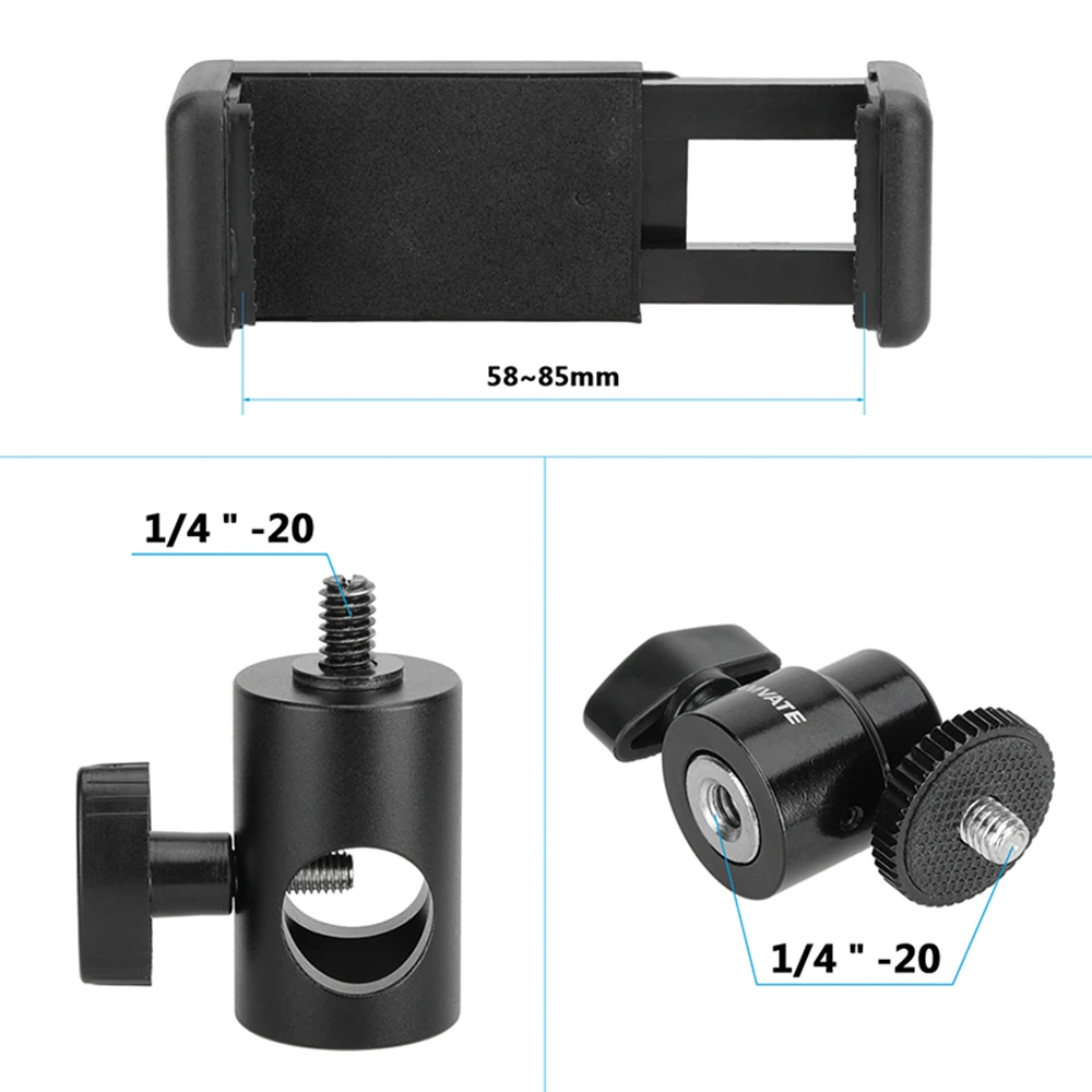 Clip per Smartphone regolabile CAMVATE 16mm adattatore testa supporto luce 1/4 "-20 supporto supporto testa a sfera per Smartphone (58 - 85mm)