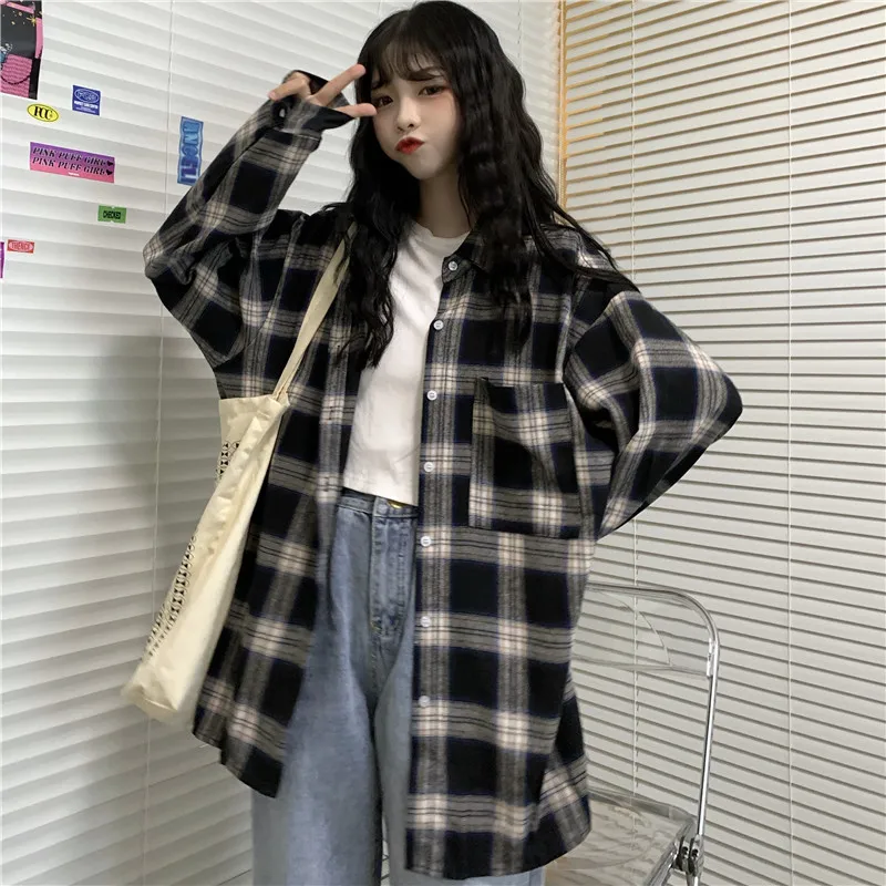 Plaid Shirt Female Spring Street Blouse Shirts Vintage Oversized Tunic Shirt for Women Casual Korean Loose Cotton Checked Tops