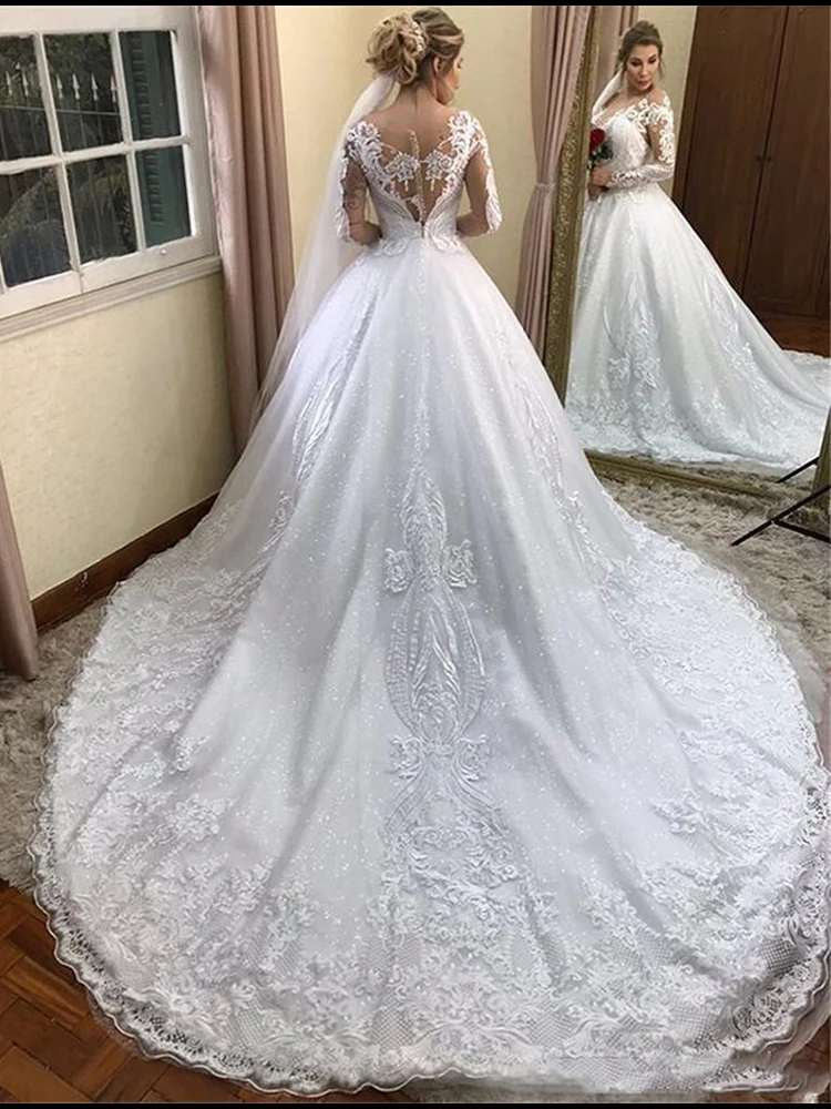 Vestidos de novia de tul de manga larga, ropa de novia con apliques de línea A de encaje árabe, de talla grande, 2020