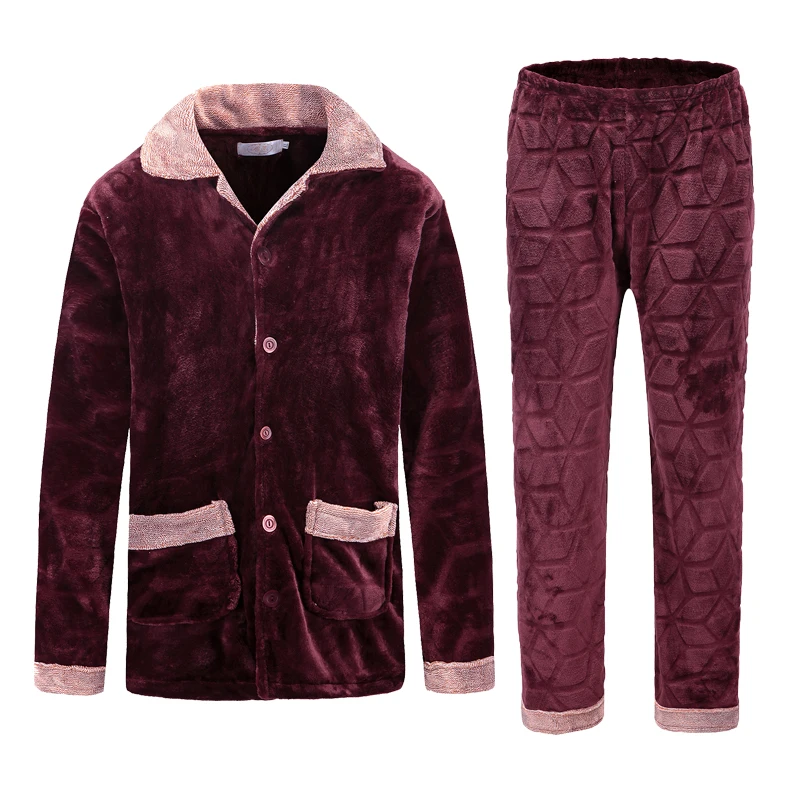 H5873 Men Pajamas Set Thickened Flannel Long Sleeve Nightgown Autumn Winter Coral Velvet Home Clothes Plus Size Loose Sleepwear
