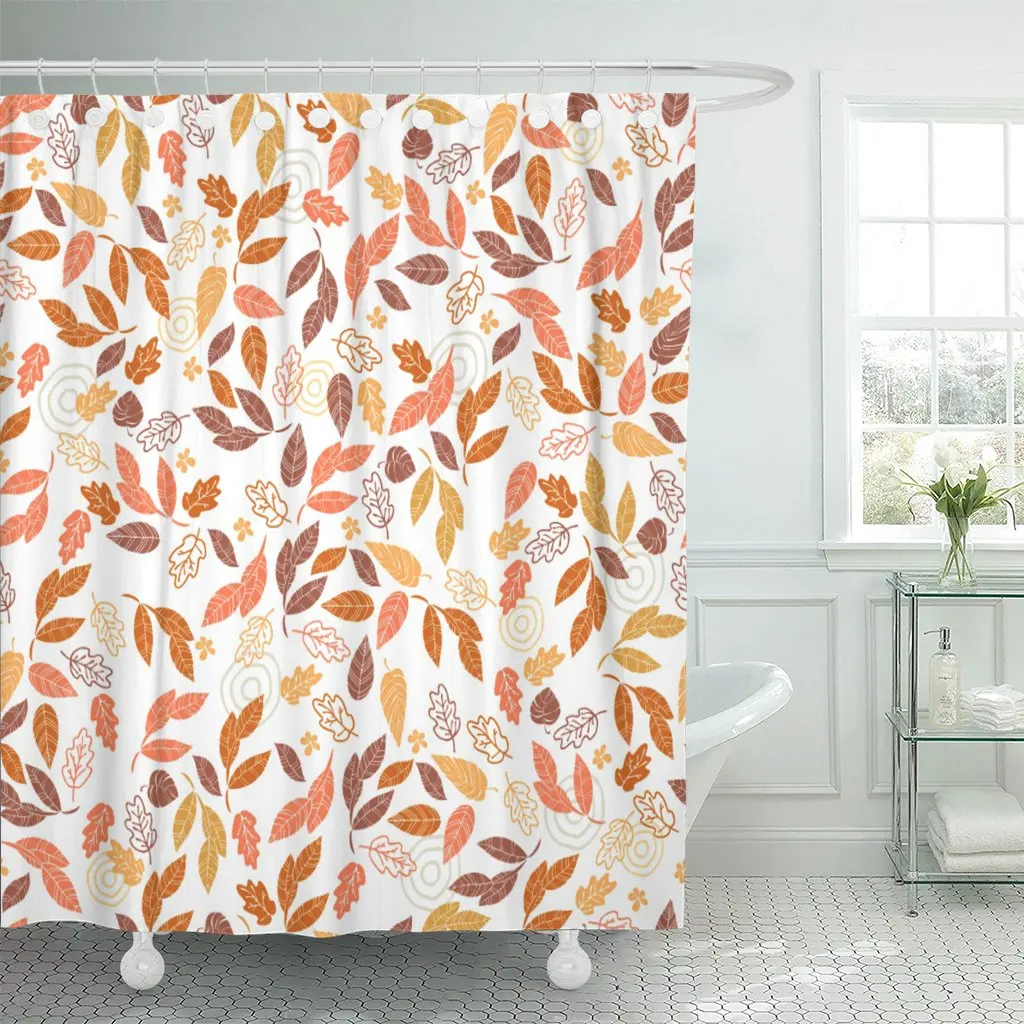 Shower Curtain Brown Autumn of Leaves and Flowers Graphic Hobby Gray Waterproof Polyester Fabric 72 x 78 inches Set with Hooks