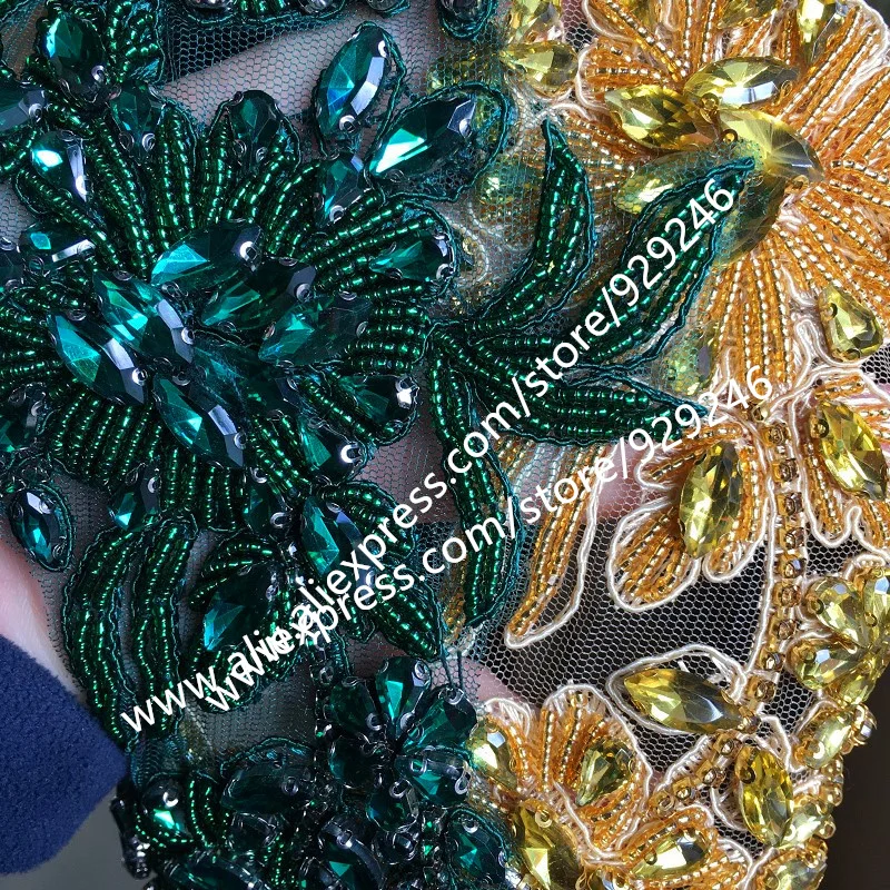 Gold Crystal Beaded Applique for Garments Dress Ornaments Peacock Green Glass Rhinestone Long Flower Embroidered Red White Trims