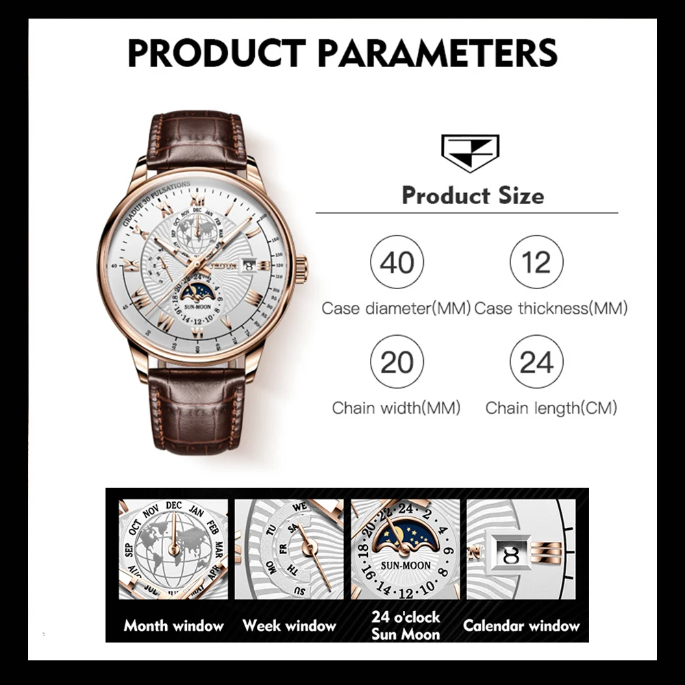 Top Brand Luxury Mechanical Watch Men Automatic Leather Casual Waterproof Sports Moon Phase Wristwatch Reloj Hombre +Box