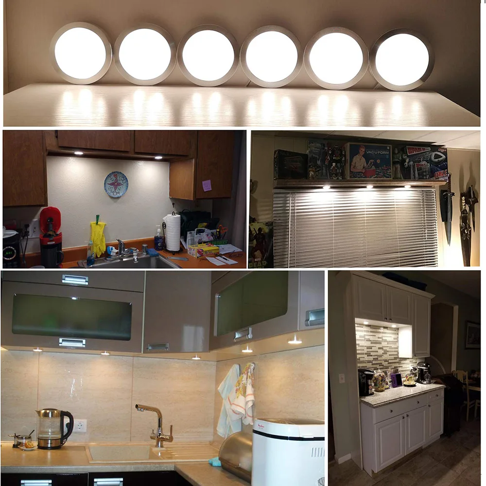 Dimmable Ultra-thin LED Under Cabinet Lighting Fixtures 12V LED Puck Light Kit Counter Closet Night Light with RF Remote Control