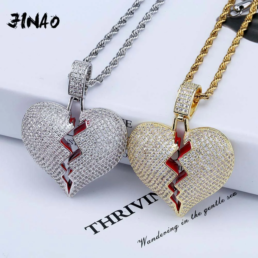 JINAO Fashion Broken Heart Iced Out Chain Pendant Necklace Statement Gold Color Cubic Zircon Necklace Hip Hop Men\'s Jewelry Gift