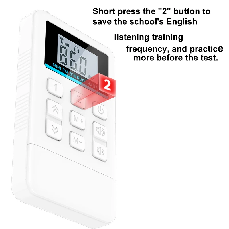 Receptor portátil de rádio estéreo FM mini com display LED, suporta desligar a memória, Professional Inglês Hearing Learning, 50-108MHz