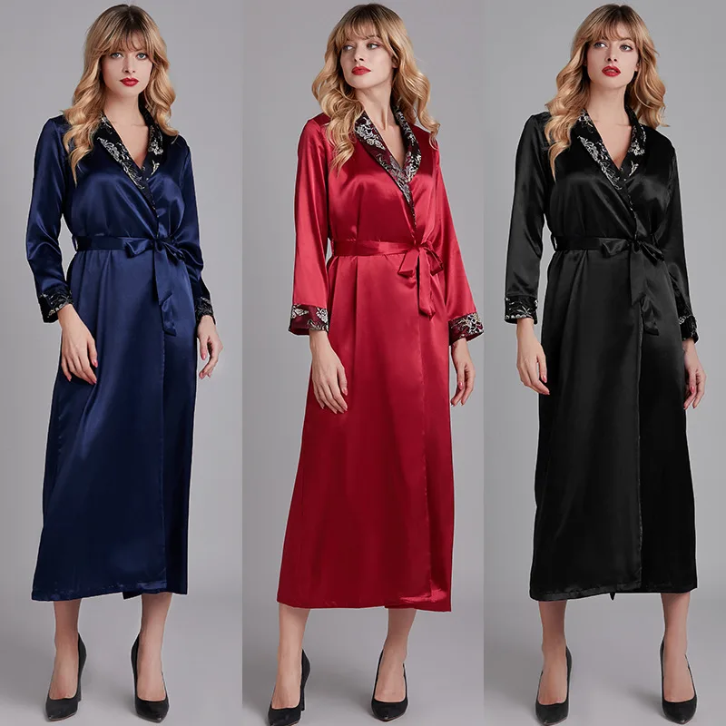 

Pajamas Female Spring Summer Silk Long Sleeve Women's Robes Women's Mid-length Morning Gowns Lace Bathrobe Tracksuit