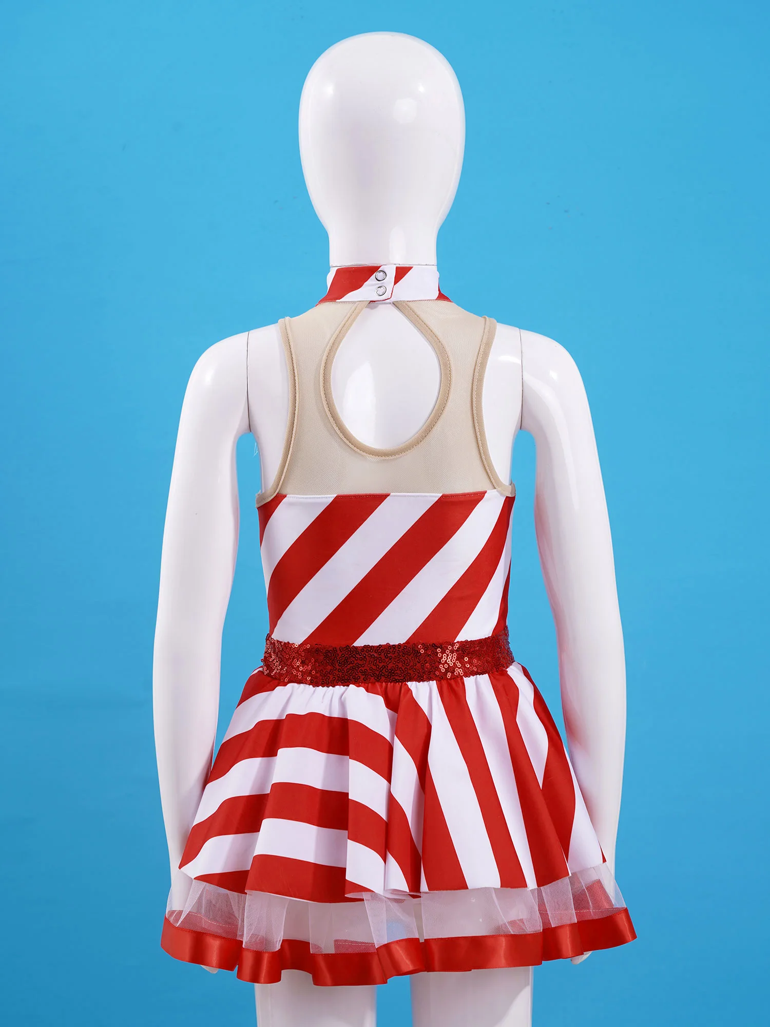 Kids Girls Candy Cane Striped Sequins Tutu Dress Christmas Dance Costume Skating Ballet Dress Mrs Santa Elf Cosplay Clothes