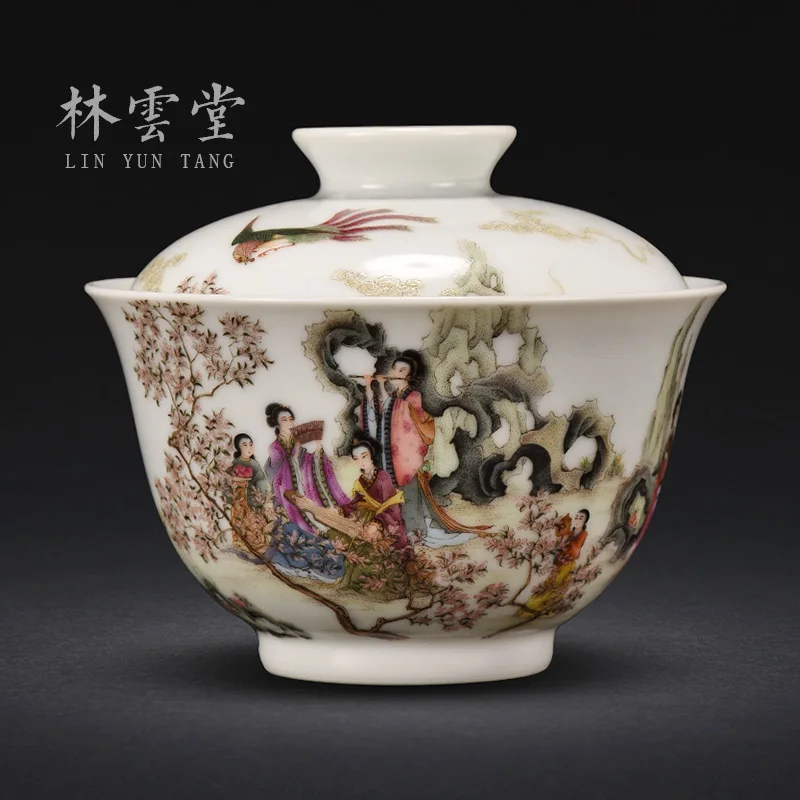 Lin Yuntang tureen pastel colored enamel tureen tea cups jingdezhen manual hand-painted bowl with chicken to instrument