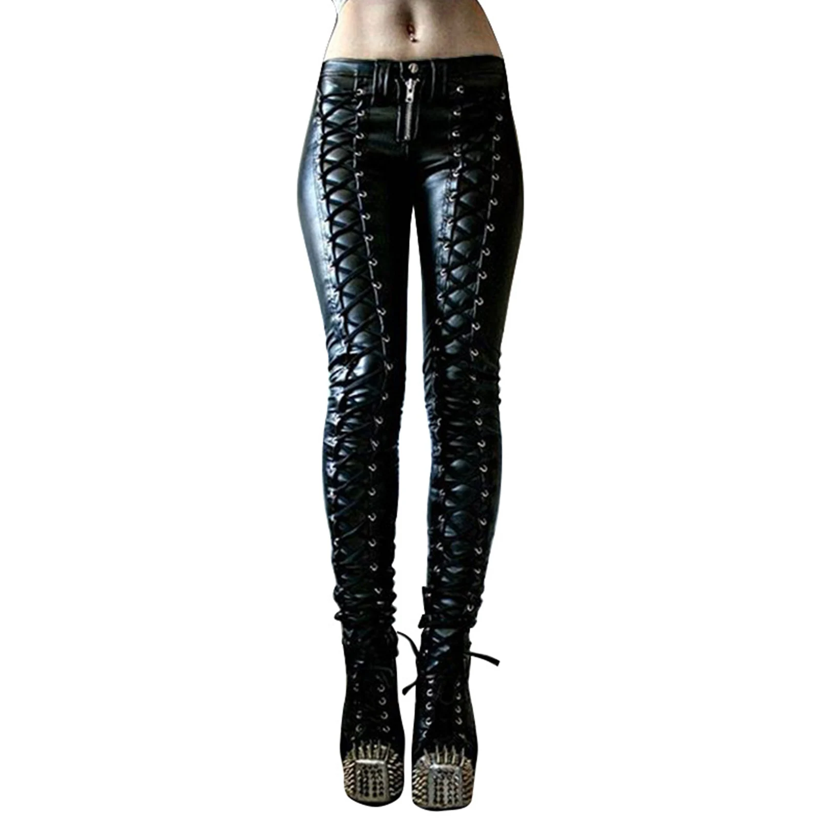 Steampunk Sexy Vrouwen Faux PU Leer Cosplay Broek Hoge Taille Chic Bandage Party Skinny Knop Potlood Broek Slanke Streetwear