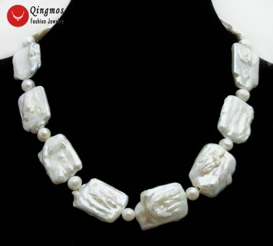 Qingmos Fashion 15*20mm Rectangle Natural White Pearl Necklace for Women with 6-7mm Round Pearl Necklace 17
