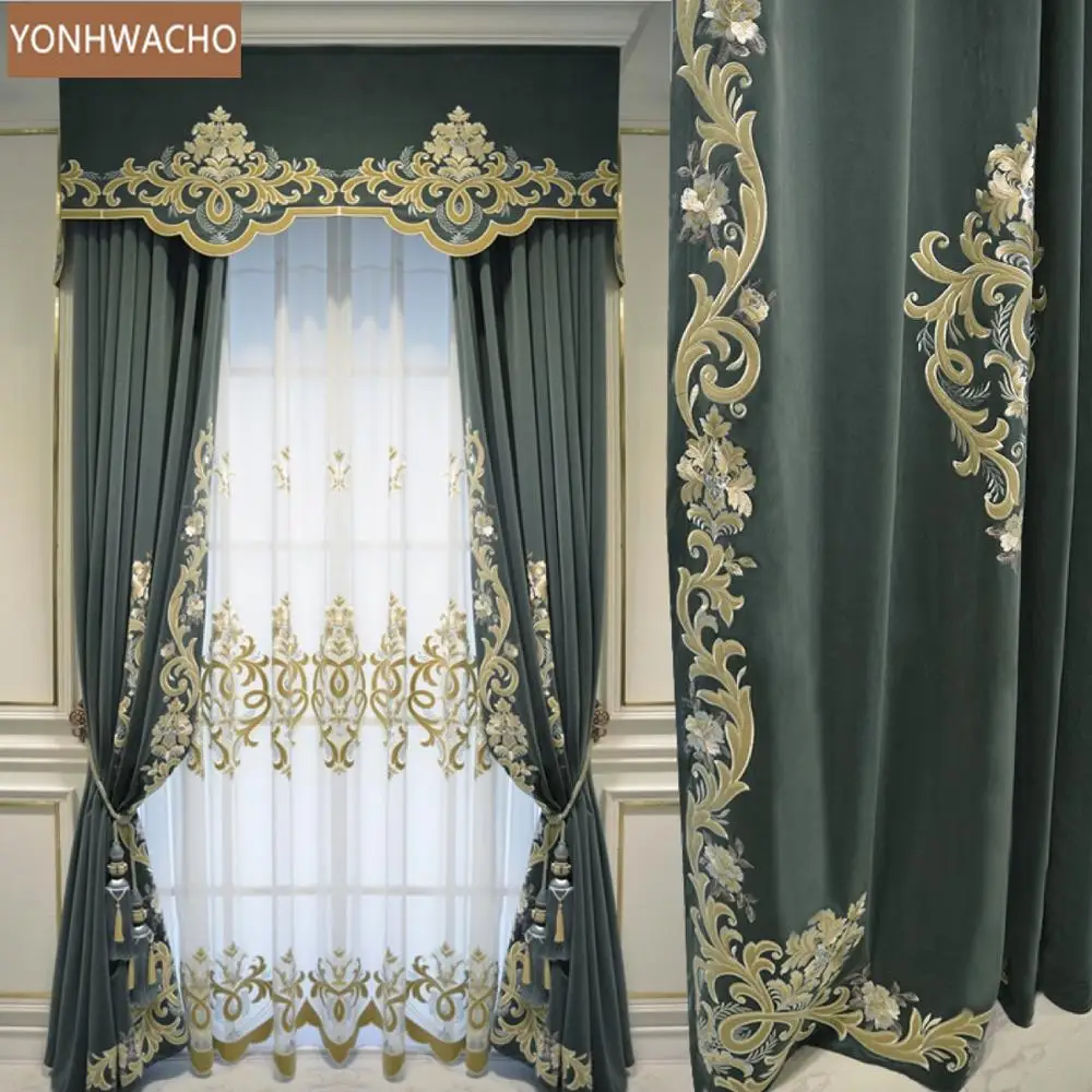 

Custom curtain high-class European flannel embroidered living room villas velvet cloth blackout curtain valance tulle C396