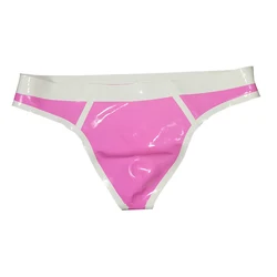 Calzoncillos de látex para hombre, ropa interior Sexy con adornos en rosa y blanco, bragas de goma, Tanga, lencería hecha a mano, parte trasera en T, RLPM040