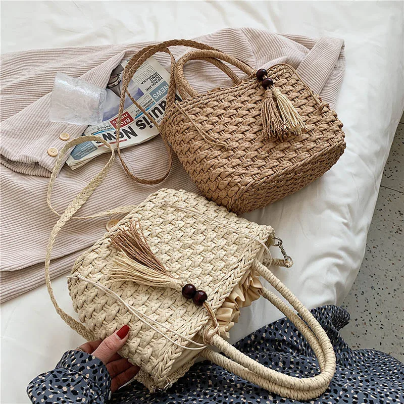 Woven Straw Bucket Shoulder Bags For Women 2021 Summer Straw Crossbody Bag Women Designer Handbags Travel Beach Holiday Tote Bag