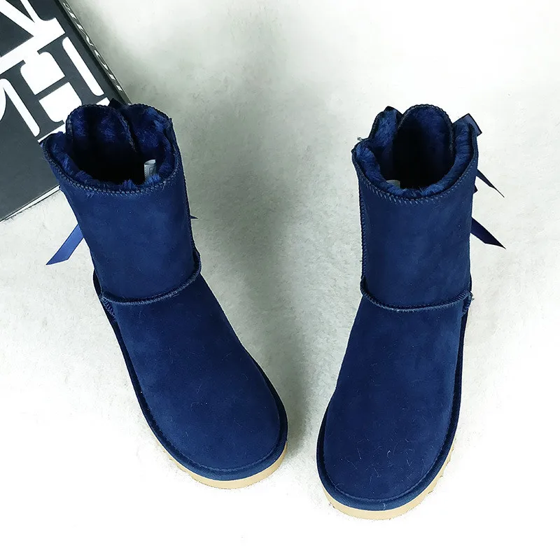 2022 Mid Calf Boots Brand Women Snow Boots Genuine Cowhide Leather Waterproof Winter Boots Warm Thick Plush Two Bonknot